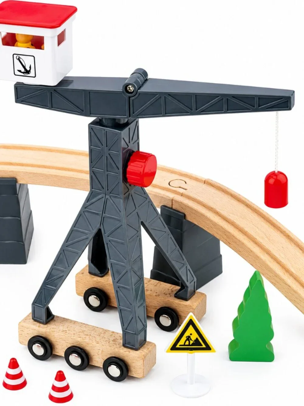 Wooden Construction Train Set Crane Trucks Railway Track Kids Toy Playset